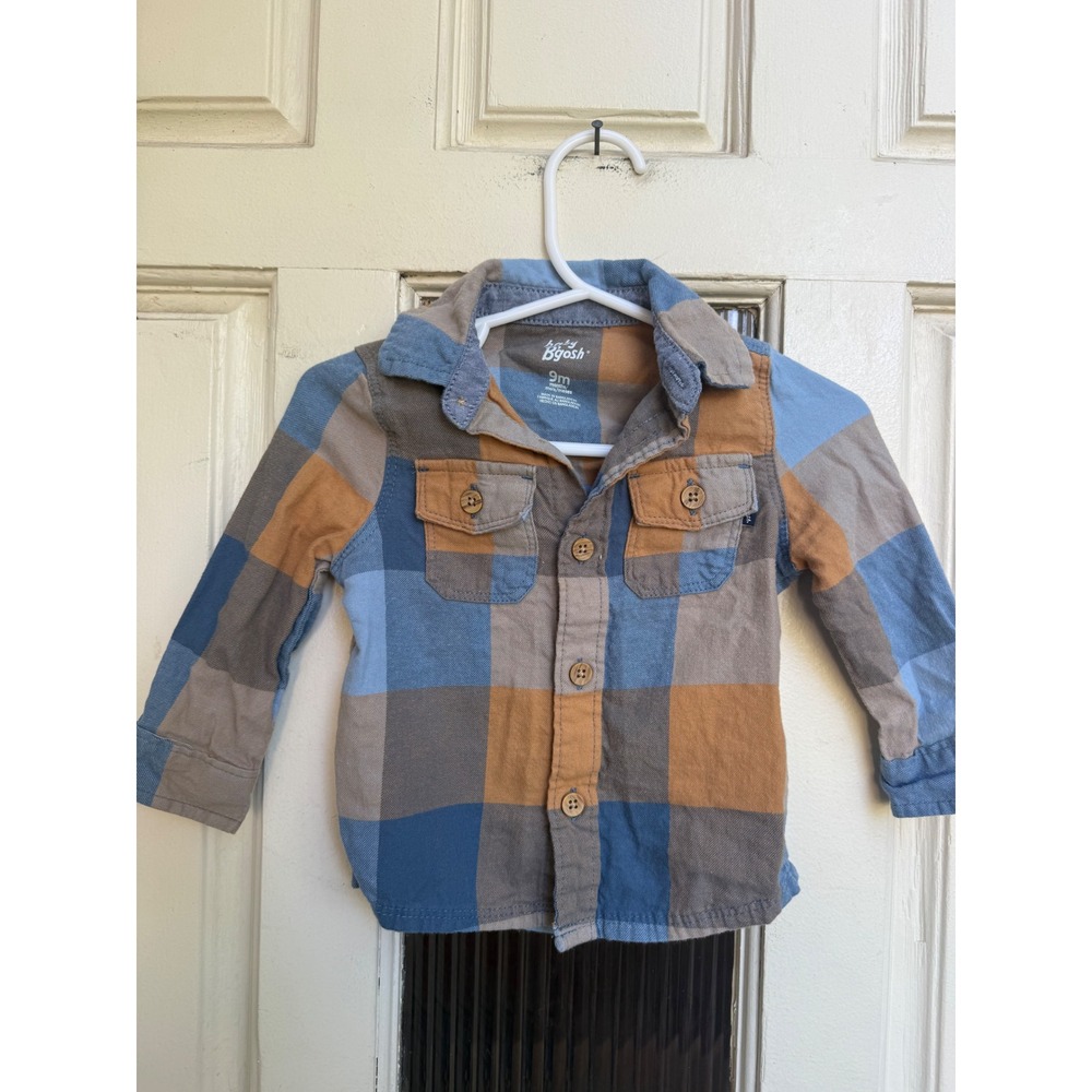 OshKosh Bgosh Baby Boy Blue Brown Plaid Flannel Button Down Shirt Size 9 Months